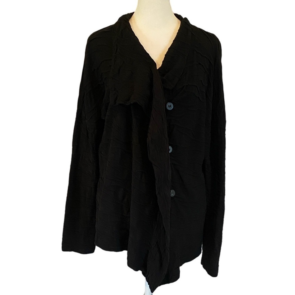 Horny Toad Black Button-Up Cardigan with Scarf Collar. Raised Pattern. Size L.